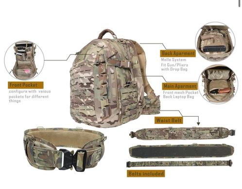 Рюкзак тактичний з кишенею для шолома, каски та знімним Рпс поясом Yakeda Мультикам 55L Multicam DE007