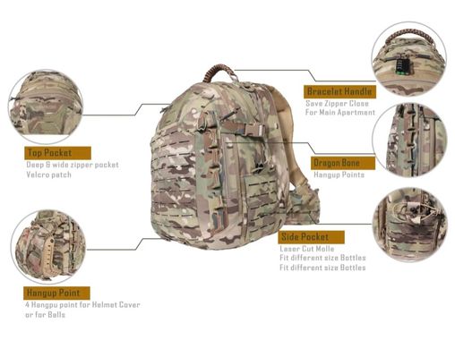Рюкзак тактический с карманом для шлема, каски и съемным Рпс поясом Yakeda Мультикам 55L Multicam DE007