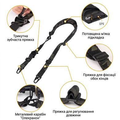 Двухточечный ремень IDOGEAR с HK карабинами быстрорегулируемый Черный Мультикам